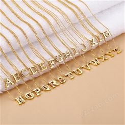 欧美潮流时尚百搭26个大写镶钻金色英文字母钛钢锁骨项链批发